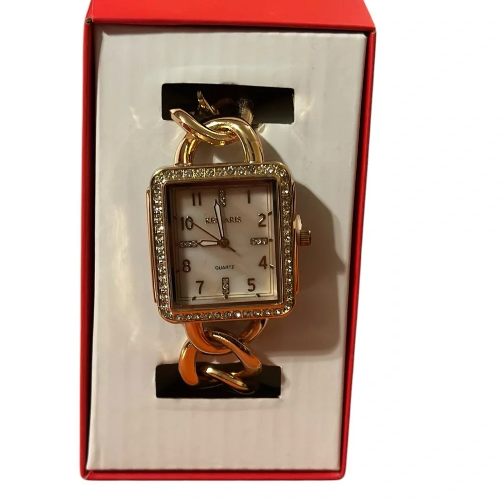 Geneva Gold Square Watch with Crystal Bezel Kisses